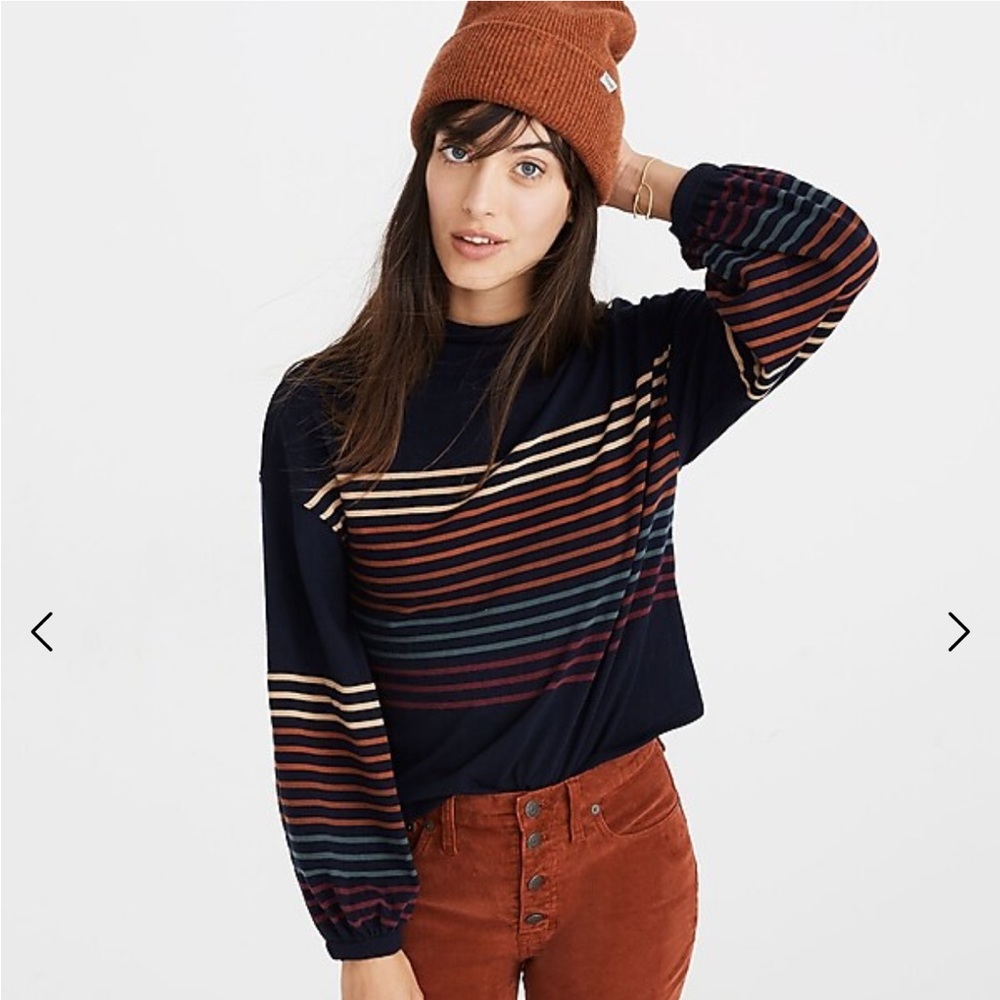 Madewell Navy Bubble-Sleeve Mockneck Top in Kinzie Stripe, XS